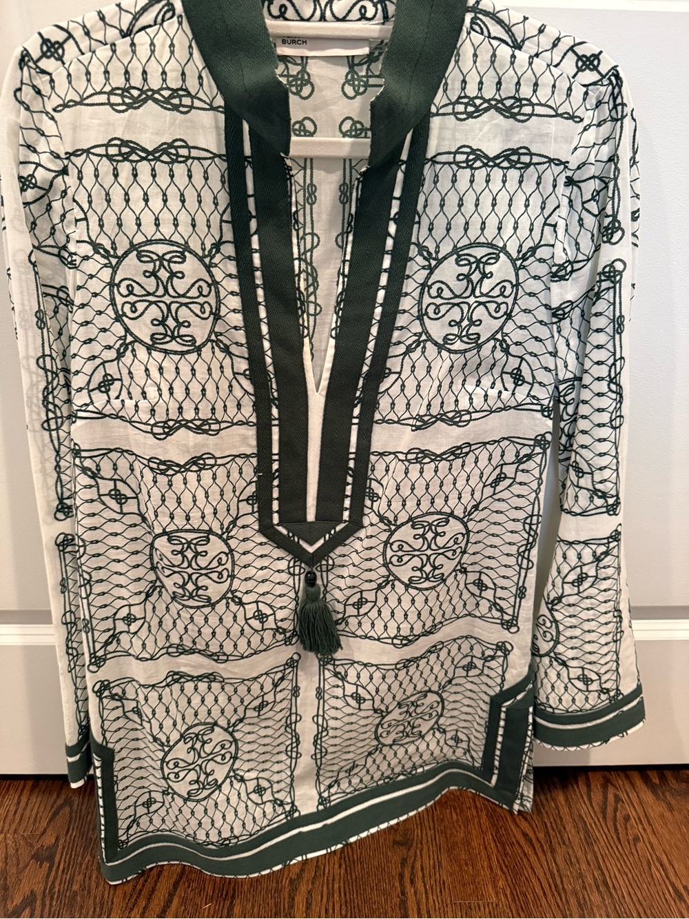 Tory Burch Green & White Printed Tunic with Tassel Tie